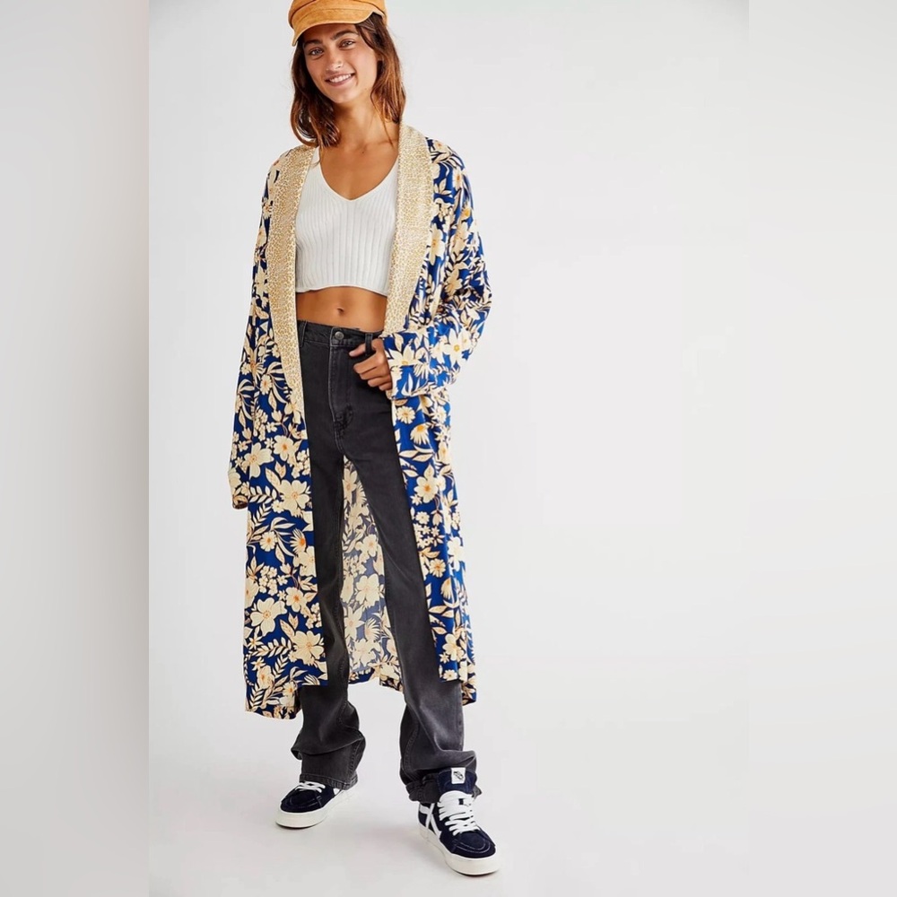 Free People Wild Nights Floral Print Longline Long Lseeve Kimono Duster size L